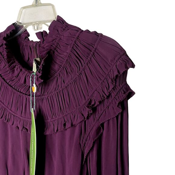 Farm Rio Ruffle High Neck Chiffon Burgundy Blouse XS - Picture 13 of 15